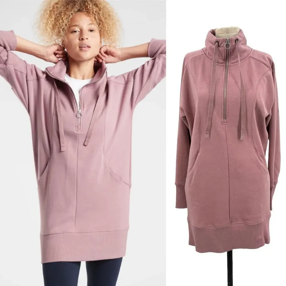 Athleta Cozy Karma 1/4 Zip Sweatshirt Dress‎ Dogwood Mauve Pink Size XS